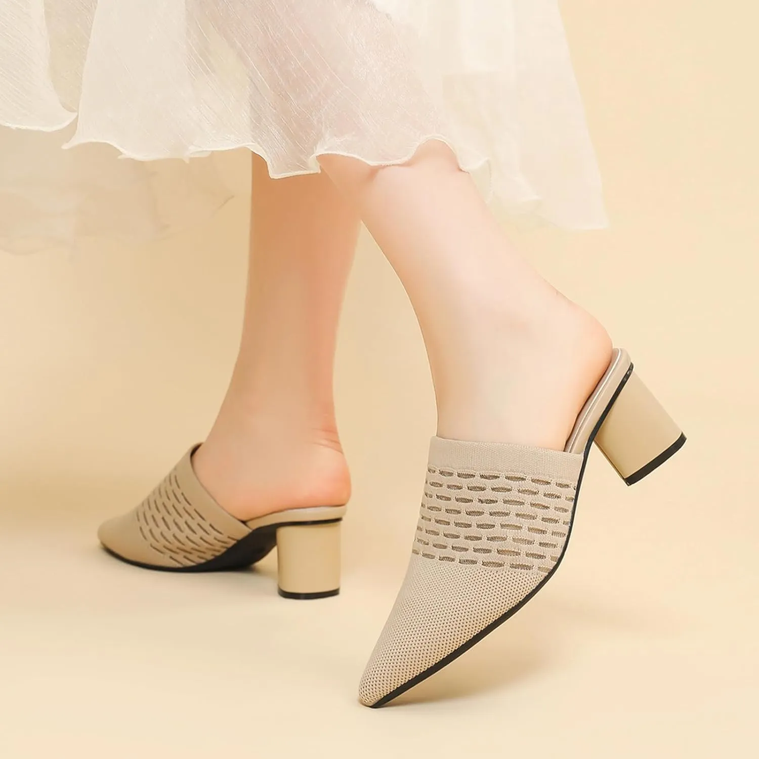 Zeberfi Women's Knit Closed Pointed Toe Low Chunky Heel Mules Fashion Mesh Breathable Slingback Slip-on Pumps Sandals Summer Comfortable Prom Party Dress Shoes
