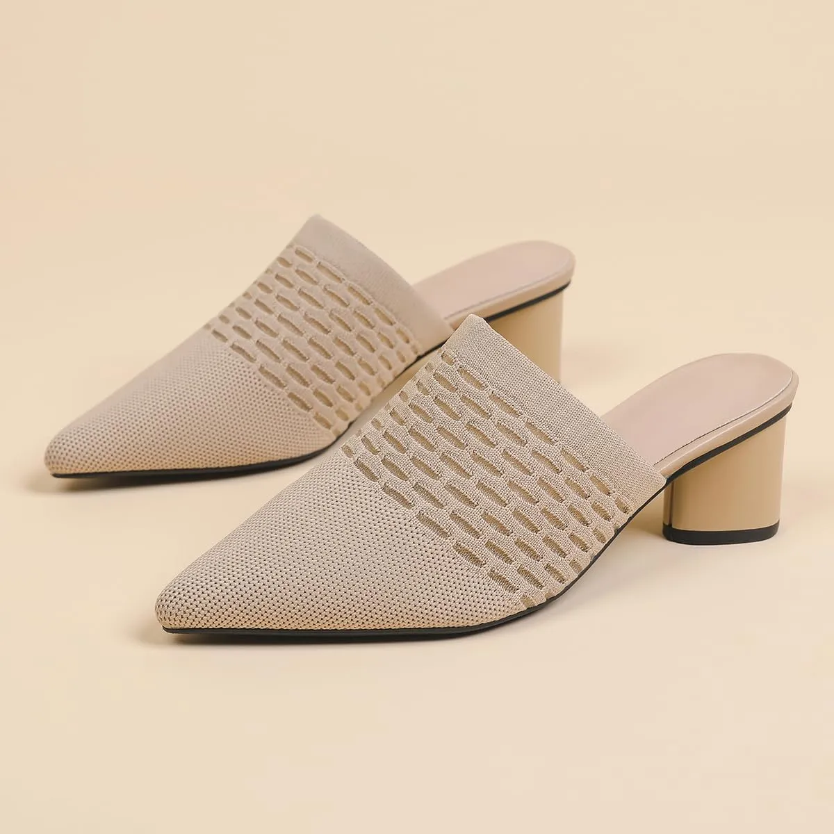 Zeberfi Women's Knit Closed Pointed Toe Low Chunky Heel Mules Fashion Mesh Breathable Slingback Slip-on Pumps Sandals Summer Comfortable Prom Party Dress Shoes