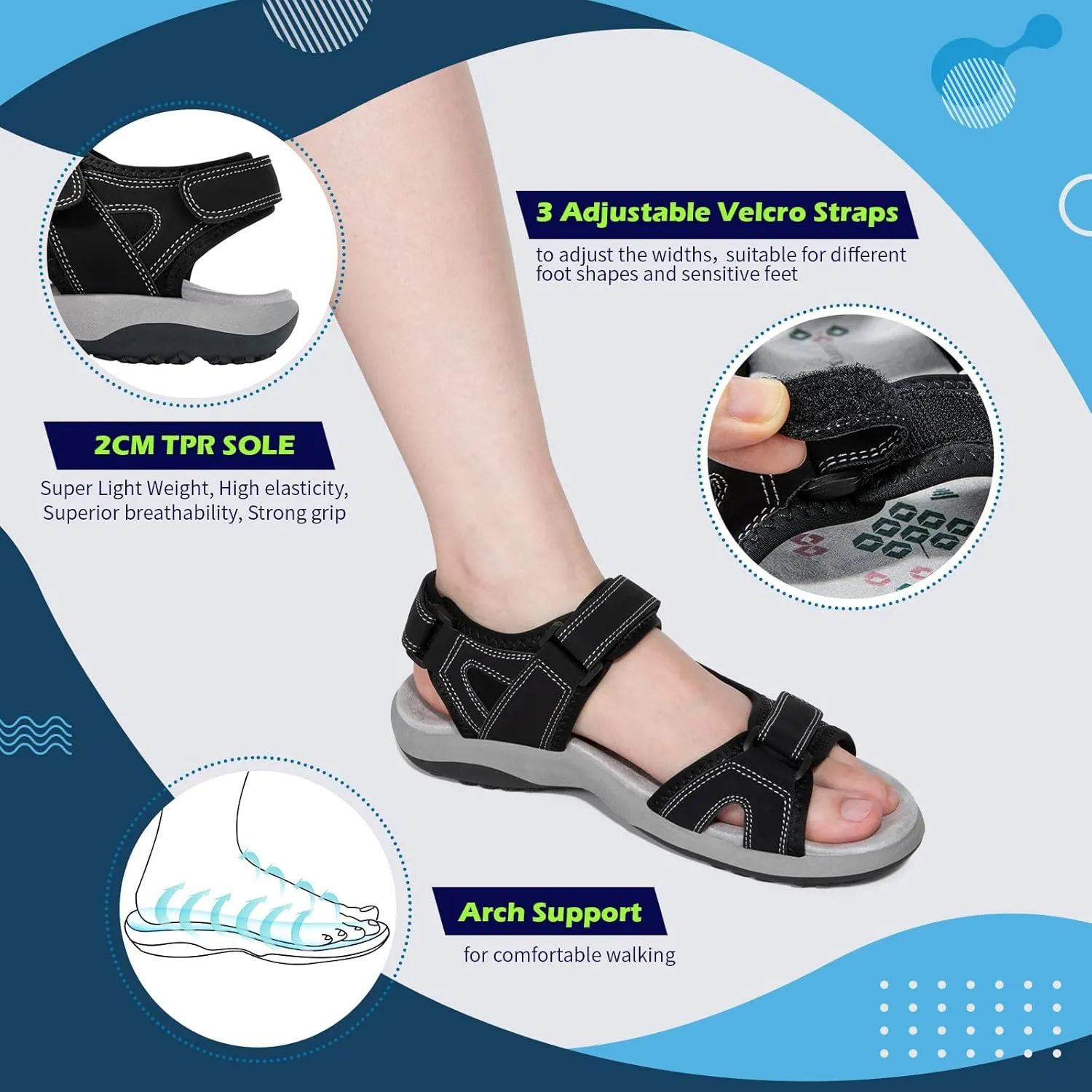 Zelaprox Women Comfortable Walking Sandals with Arch Support Hiking Sandals Casual Summer Athletic Sandals for Outdoor with 3 Adjustable Hook and Loop Strap