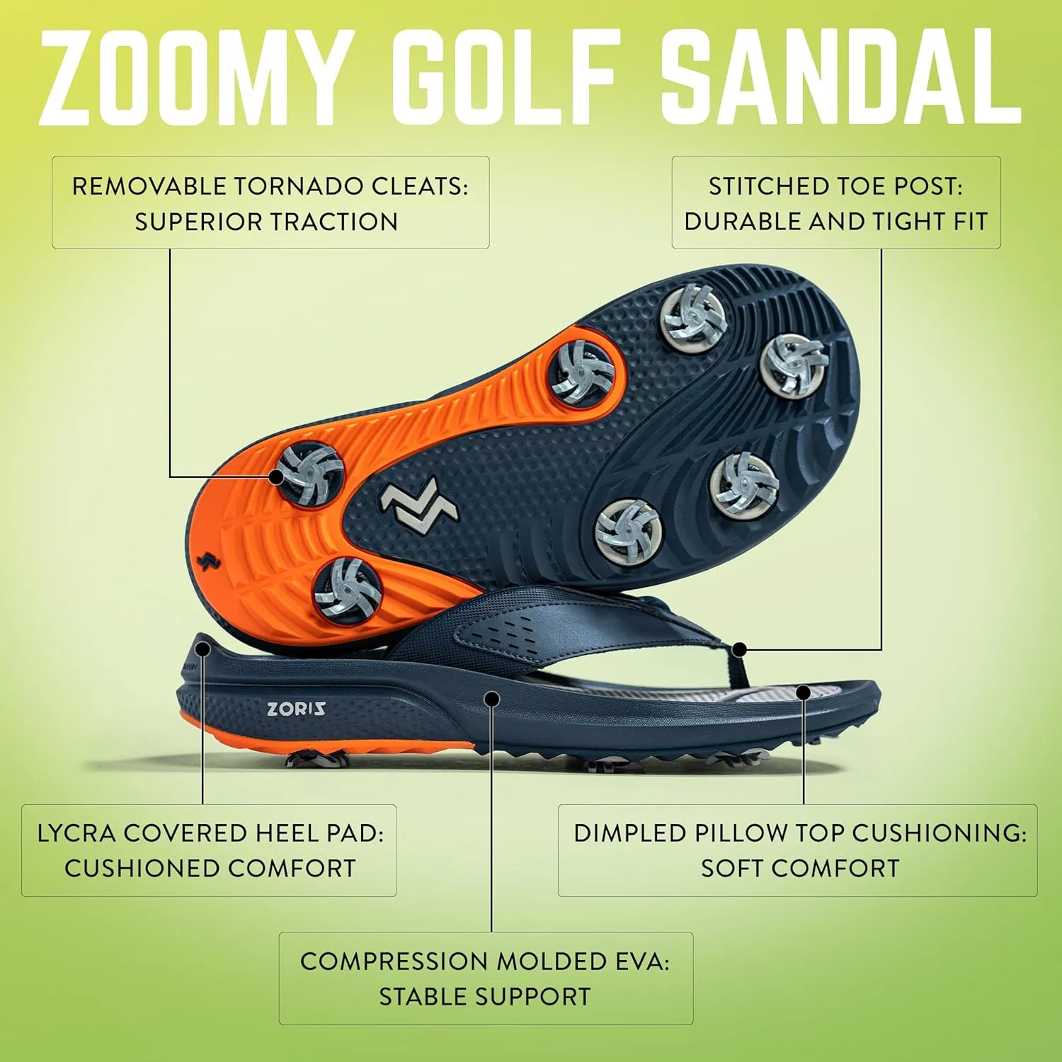 ZORIZ Zoomy Golf Sandals - Unisex Golf Flip Flops With Removable Tornado Golf Cleats - Mens and Womens Sandals for Walking, Beach, or Sports