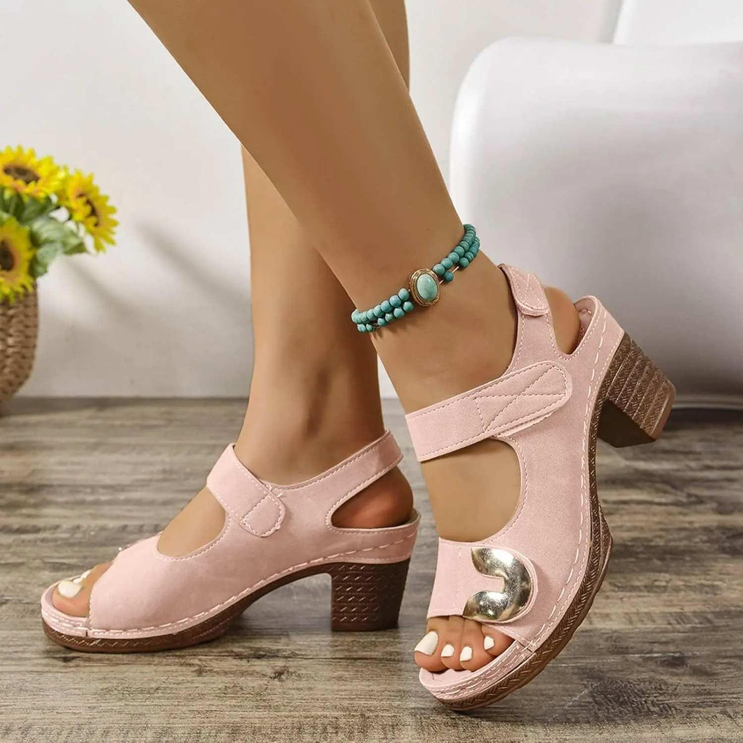 ZSpzx Heeled Sandals for Women Wide Width Slingback Peep Toe Adjustable Strappy Chunky Block Sandal Backless Mules Ladies Cushion Footbed Non Slip Casual Shoes for Party Wedding Walking Vacation