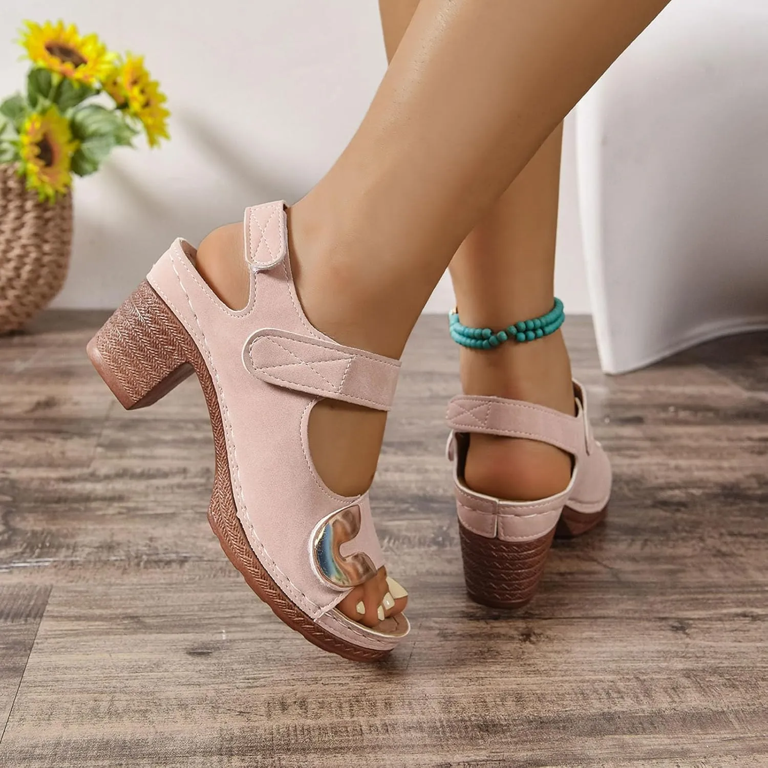 ZSpzx Heeled Sandals for Women Wide Width Slingback Peep Toe Adjustable Strappy Chunky Block Sandal Backless Mules Ladies Cushion Footbed Non Slip Casual Shoes for Party Wedding Walking Vacation
