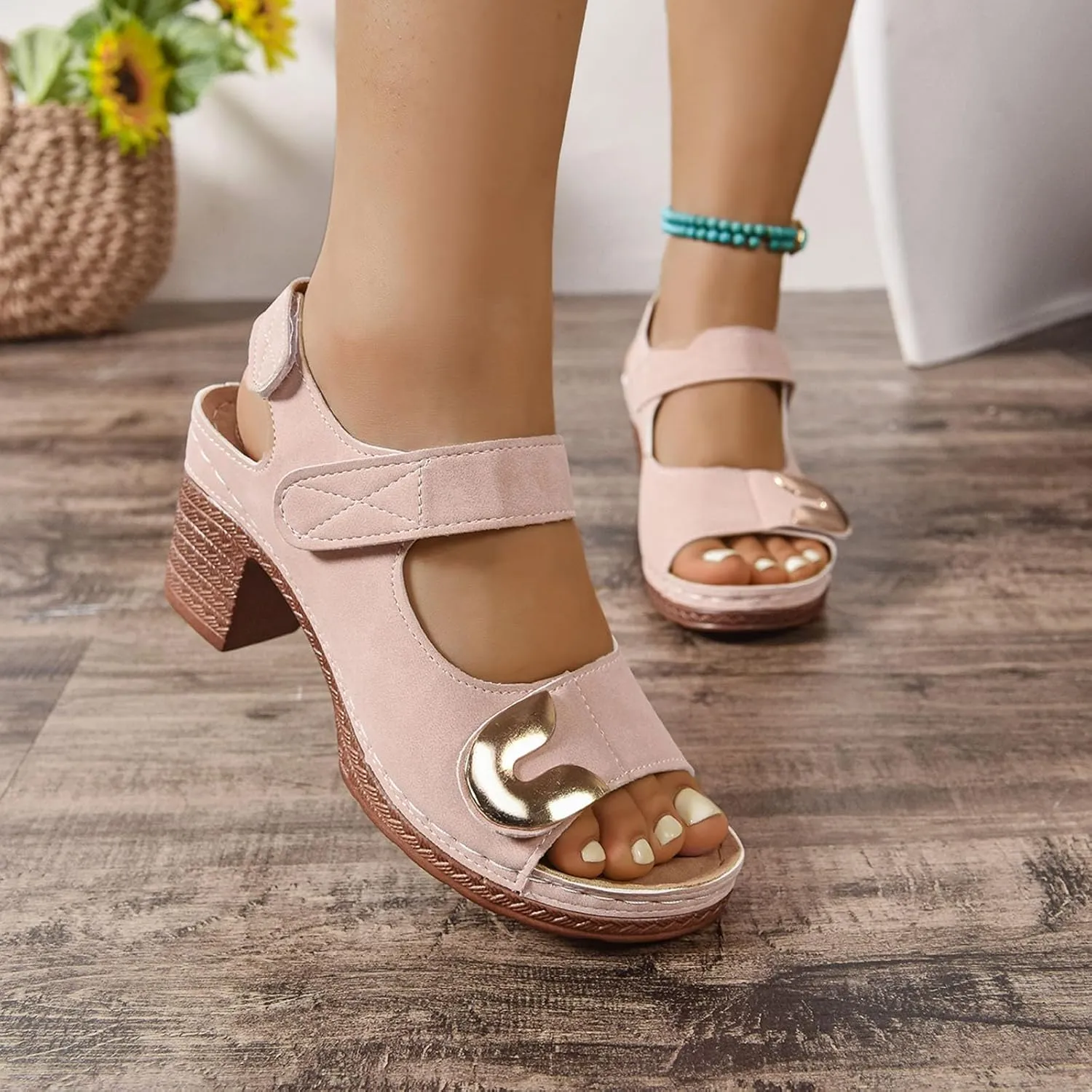ZSpzx Heeled Sandals for Women Wide Width Slingback Peep Toe Adjustable Strappy Chunky Block Sandal Backless Mules Ladies Cushion Footbed Non Slip Casual Shoes for Party Wedding Walking Vacation