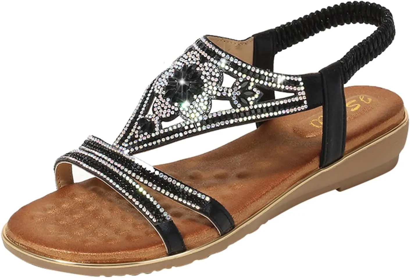 ZSpzx Women's Comfort Dressy Rhinestone Summer Beach Sandals Slip-on Flat Walking Orthopedic with Elastica Back Strap For Women T-Strap Beaded Flower Open Toe Sandal Sparkly Low Heel Dress Shoes