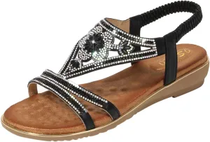ZSpzx Women's Comfort Dressy Rhinestone Summer Beach Sandals Slip-on Flat Walking Orthopedic with Elastica Back Strap For Women T-Strap Beaded Flower Open Toe Sandal Sparkly Low Heel Dress Shoes