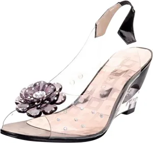 ZSpzx Women's Heeled Sandals Transparent Platform Wedges Sandal Slip On Fish Mouth Flowers Rhinestone Slippers High Sexy Block Heels Shoes Dress Elastic Slides for Work Party Casual Wedding