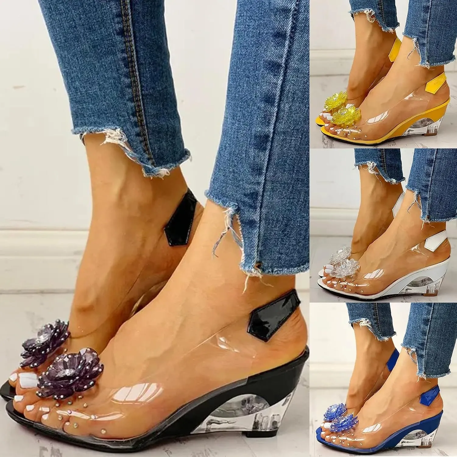 ZSpzx Women's Heeled Sandals Transparent Platform Wedges Sandal Slip On Fish Mouth Flowers Rhinestone Slippers High Sexy Block Heels Shoes Dress Elastic Slides for Work Party Casual Wedding