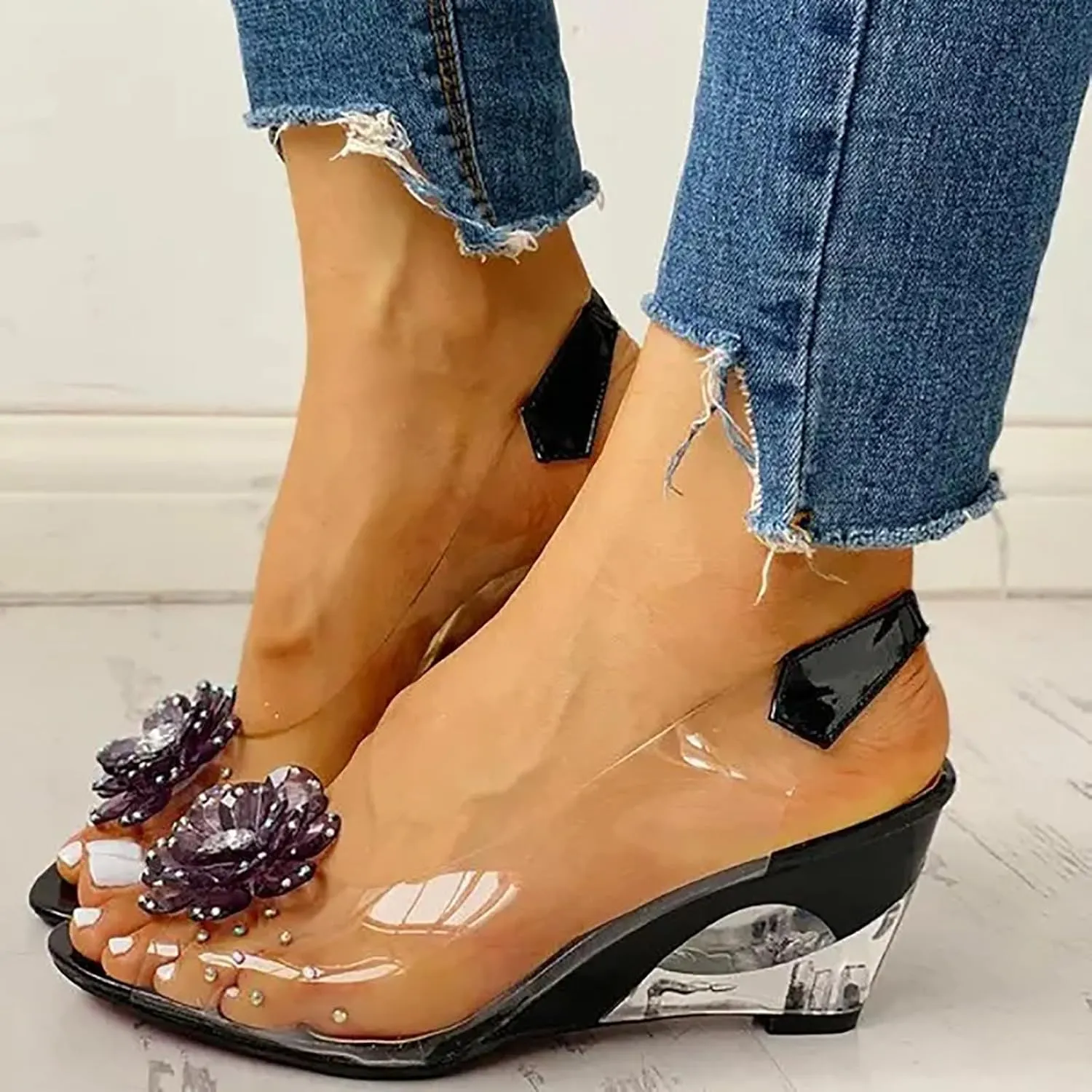 ZSpzx Women's Heeled Sandals Transparent Platform Wedges Sandal Slip On Fish Mouth Flowers Rhinestone Slippers High Sexy Block Heels Shoes Dress Elastic Slides for Work Party Casual Wedding