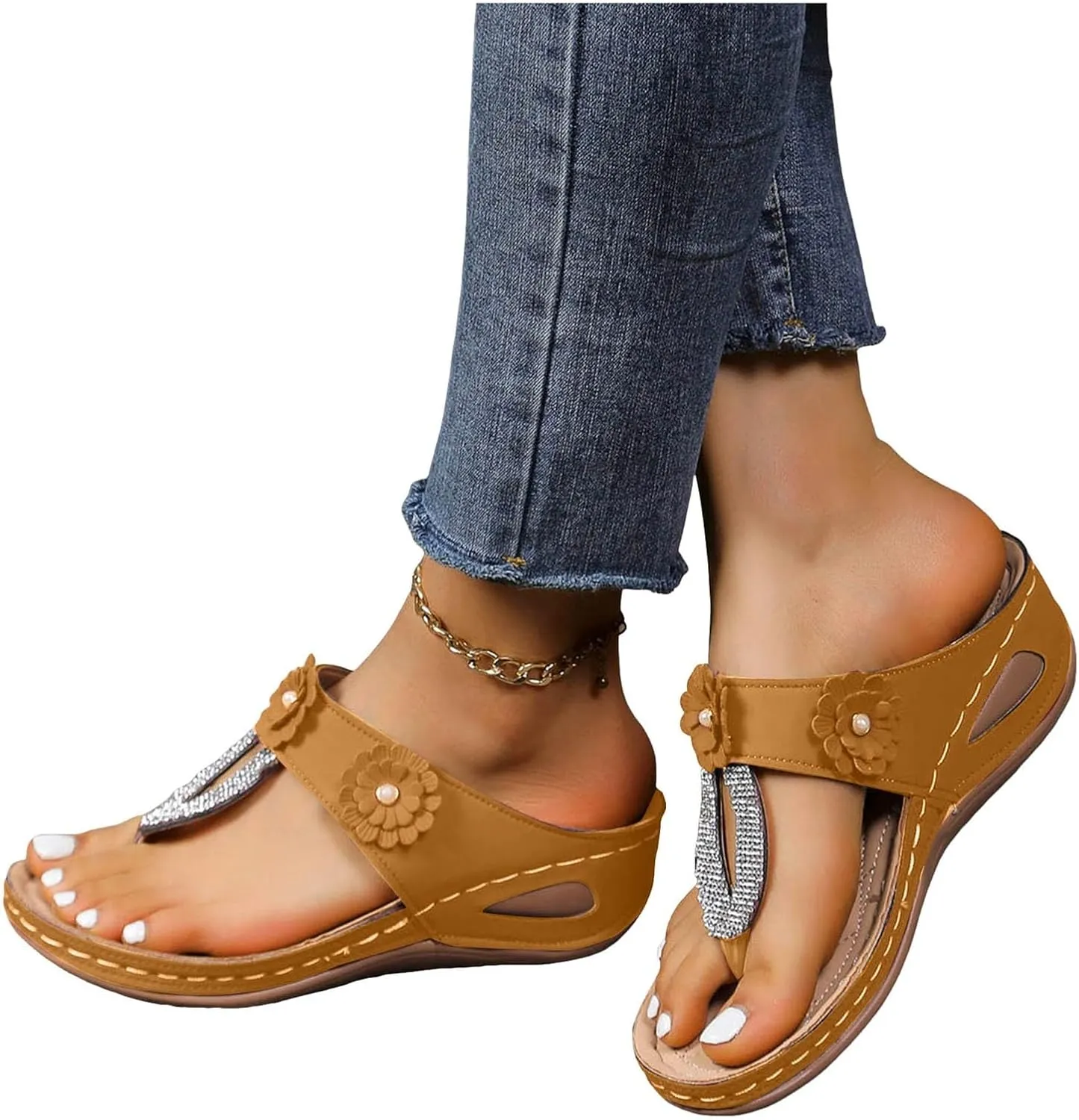 ZSpzx Women's Orthotic Cushion Flip Flops Recovery Walking Sandals for Women Dressy Summer Comfortable Arch Support Wedge Slide Rhinestone Flowers Slip on Memory Foam Plantar Fasciitis Bunion Shoes