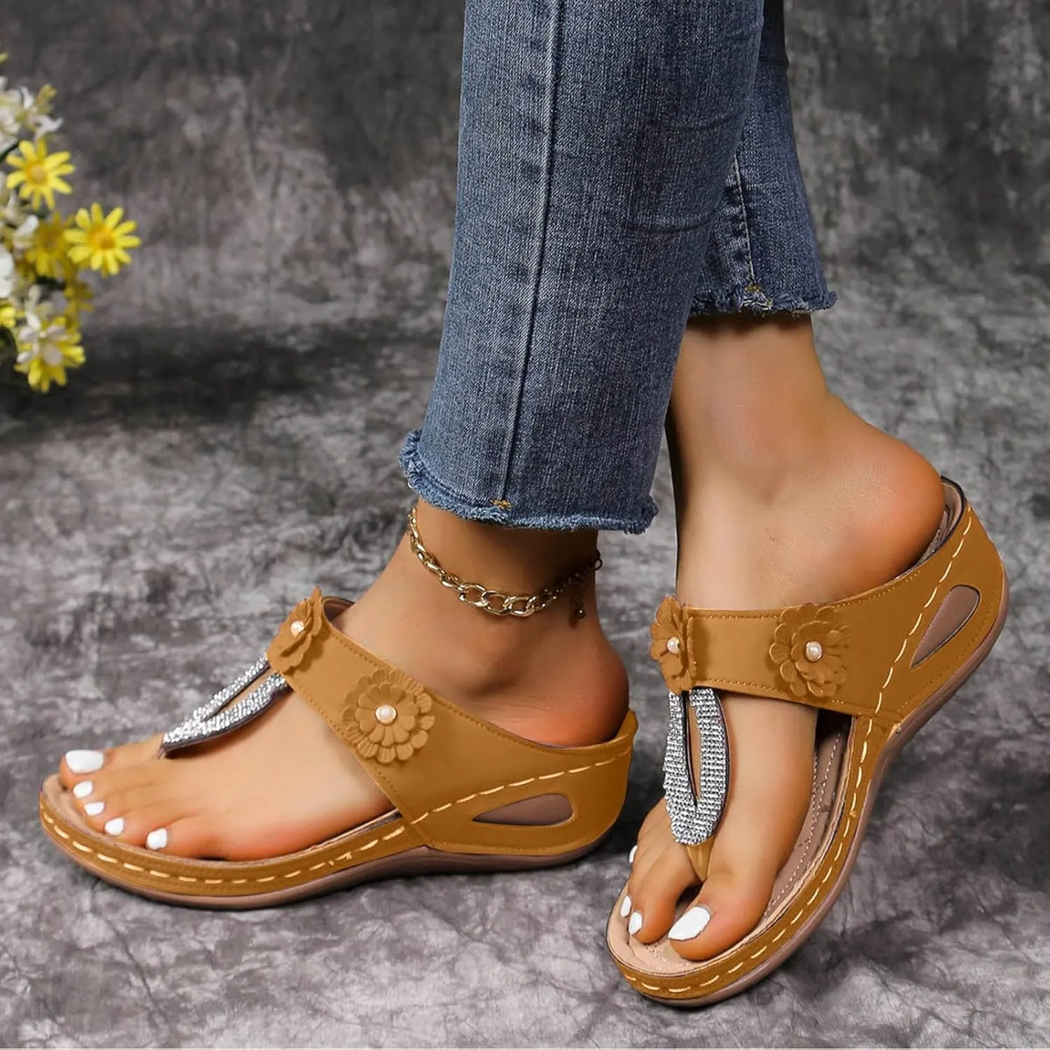 ZSpzx Women's Orthotic Cushion Flip Flops Recovery Walking Sandals for Women Dressy Summer Comfortable Arch Support Wedge Slide Rhinestone Flowers Slip on Memory Foam Plantar Fasciitis Bunion Shoes