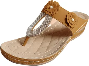 ZSpzx Women's Orthotic Cushion Flip Flops Recovery Walking Sandals for Women Dressy Summer Comfortable Arch Support Wedge Slide Rhinestone Flowers Slip on Memory Foam Plantar Fasciitis Bunion Shoes