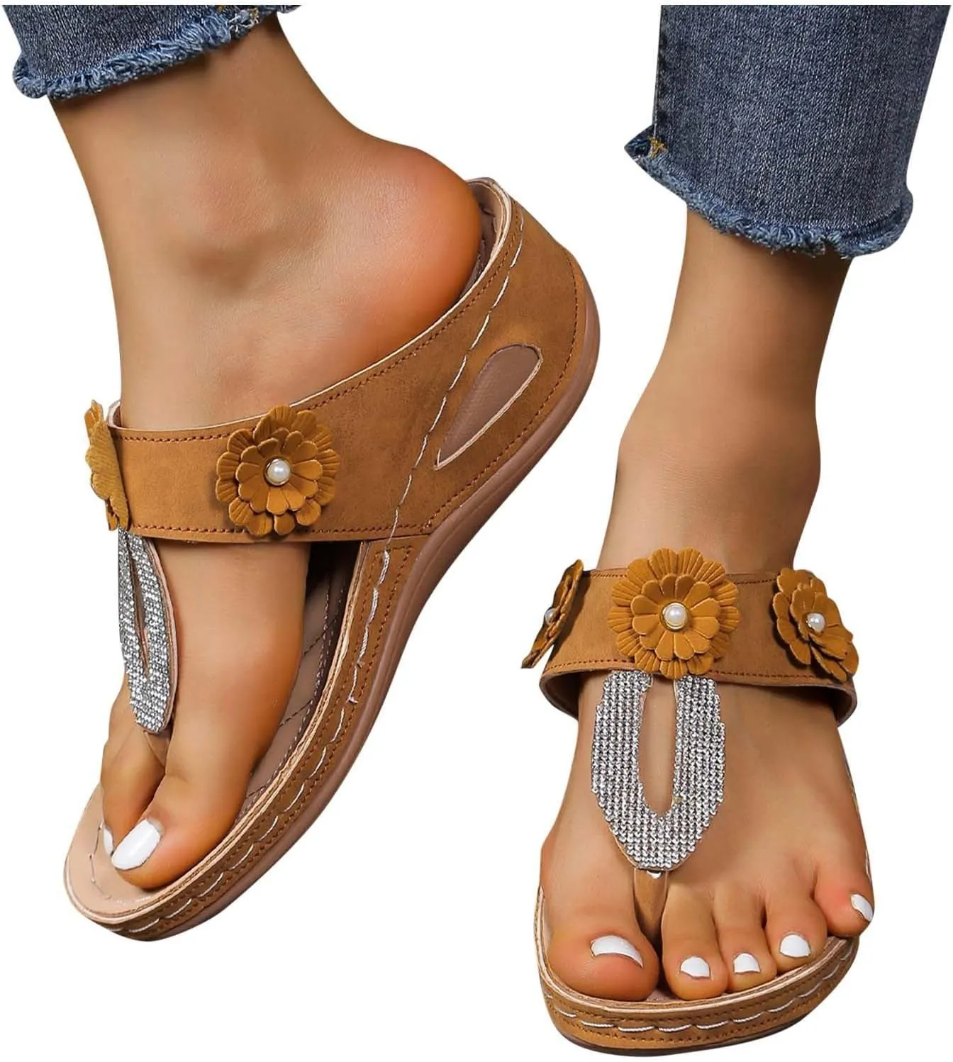 ZSpzx Women's Orthotic Cushion Flip Flops Recovery Walking Sandals for Women Dressy Summer Comfortable Arch Support Wedge Slide Rhinestone Flowers Slip on Memory Foam Plantar Fasciitis Bunion Shoes