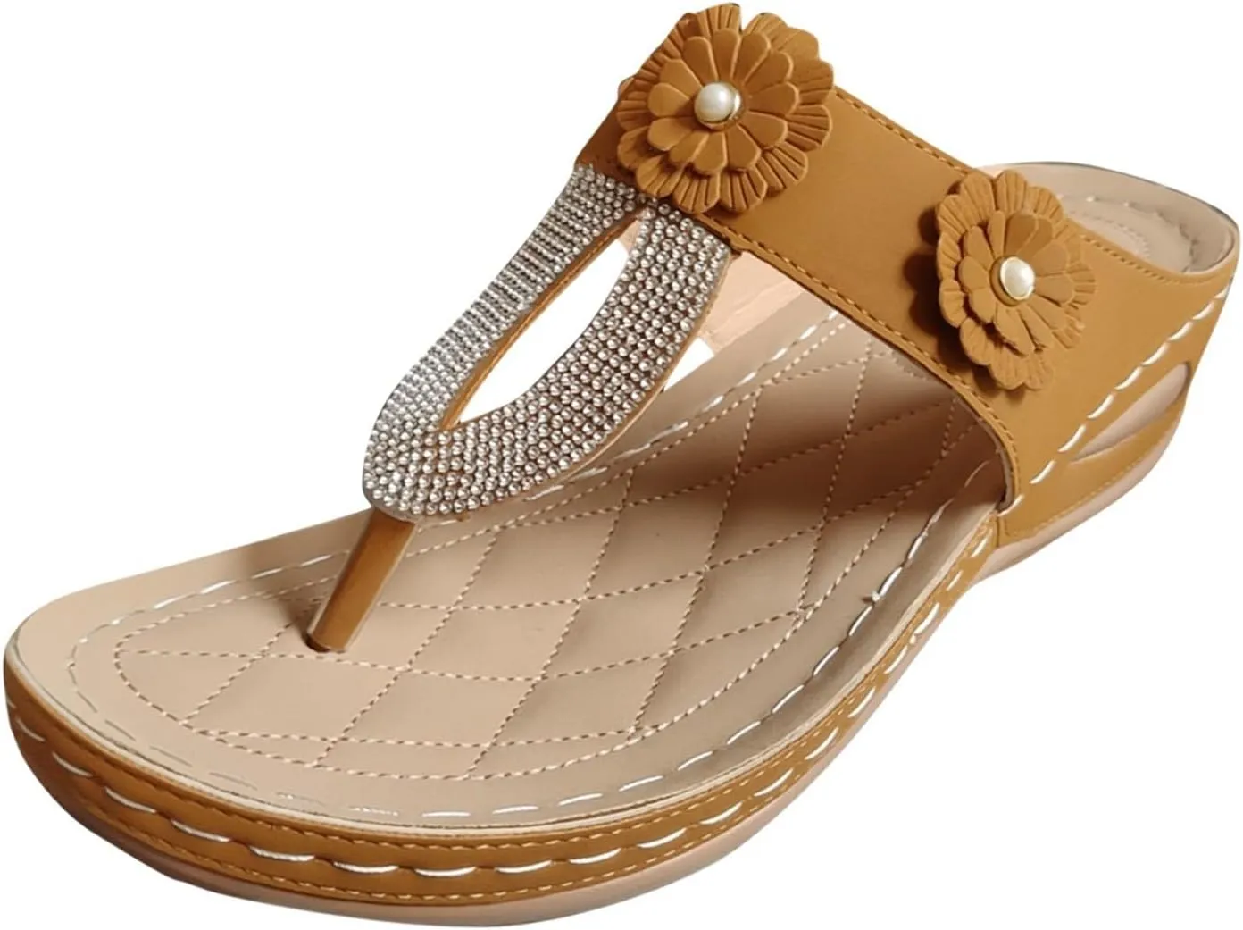 ZSpzx Women's Orthotic Cushion Flip Flops Recovery Walking Sandals for Women Dressy Summer Comfortable Arch Support Wedge Slide Rhinestone Flowers Slip on Memory Foam Plantar Fasciitis Bunion Shoes