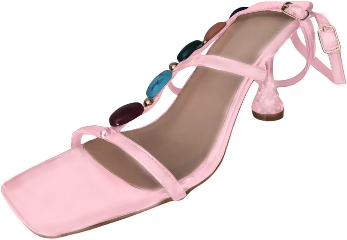 ZSpzx Women's Square Toe Sandals Stiletto Heels Womens Beaded T-strap Double Ankle Strap Slides Dressy Summer Comfortable Slippers Sandal Slip on Dress Sexy Shoes for Beach Oceanside Holiday Outdoor