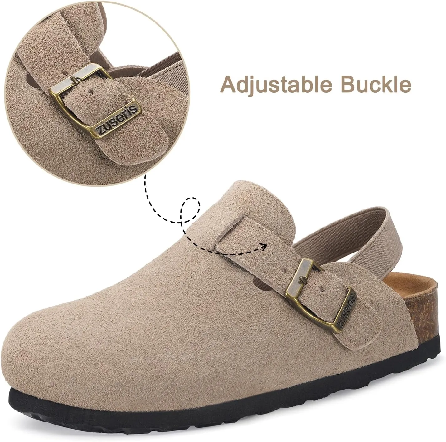 ZUSERIS Kids Suede Clogs Toddler Clogs Boys Girls Cork Footbed Sandals Potato Shoes Leather Slip On Mules with Adjustable Buckle