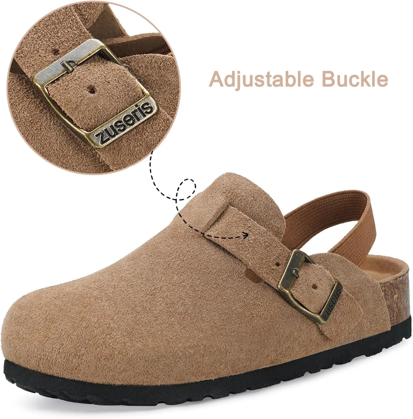 ZUSERIS Kids Suede Clogs Toddler Clogs Boys Girls Cork Footbed Sandals Potato Shoes Leather Slip On Mules with Adjustable Buckle