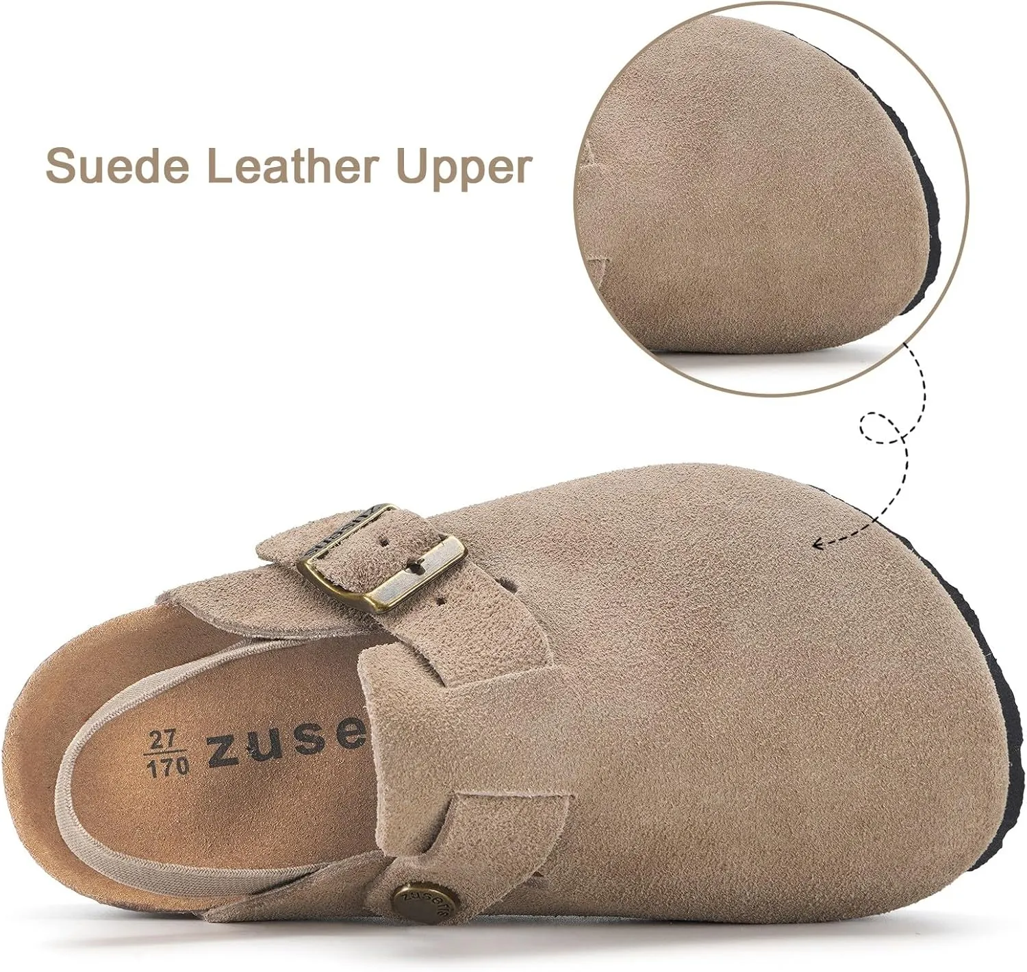 ZUSERIS Kids Suede Clogs Toddler Clogs Boys Girls Cork Footbed Sandals Potato Shoes Leather Slip On Mules with Adjustable Buckle