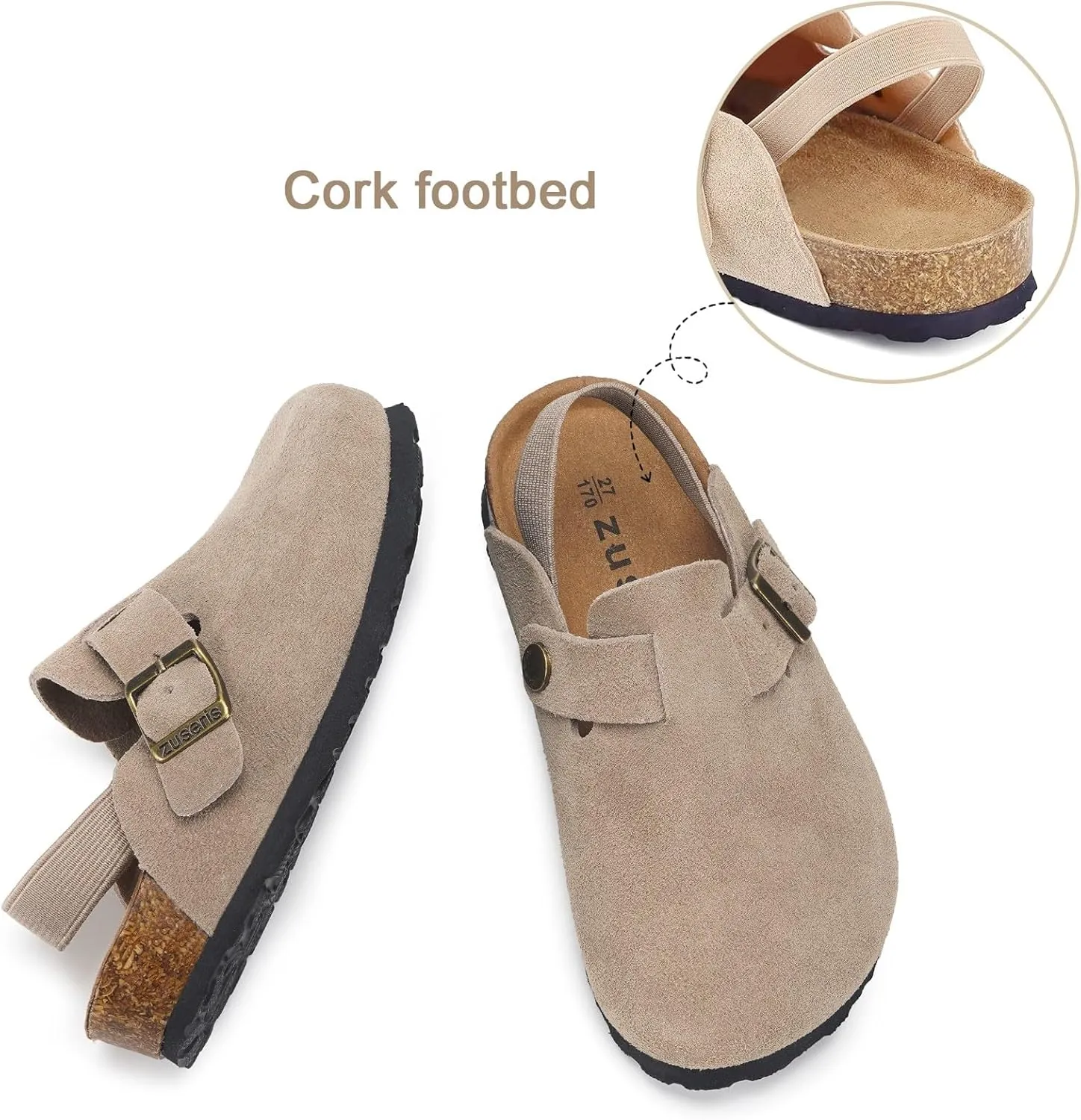 ZUSERIS Kids Suede Clogs Toddler Clogs Boys Girls Cork Footbed Sandals Potato Shoes Leather Slip On Mules with Adjustable Buckle