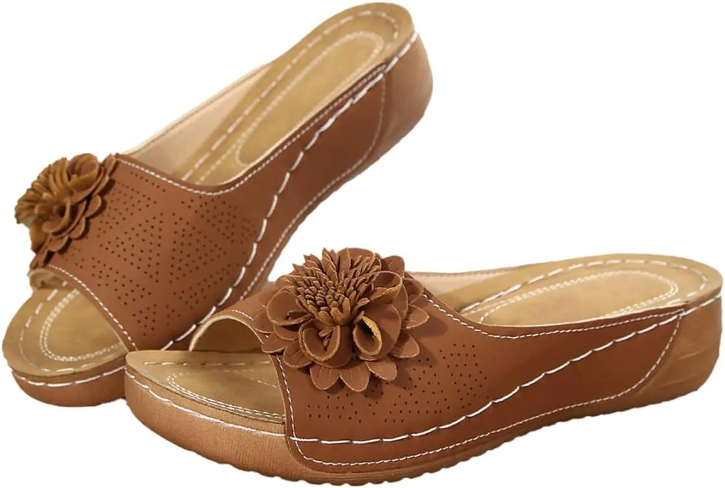 ZWRXW Orthopedic Sandals for Women,Arch Support Summer Beach Sandals,Fish Mouth Open Toe Leather Slippers,Chic Flowers Bohemian Flip Flops,Dressy Wedge Comfort Platform Sandal