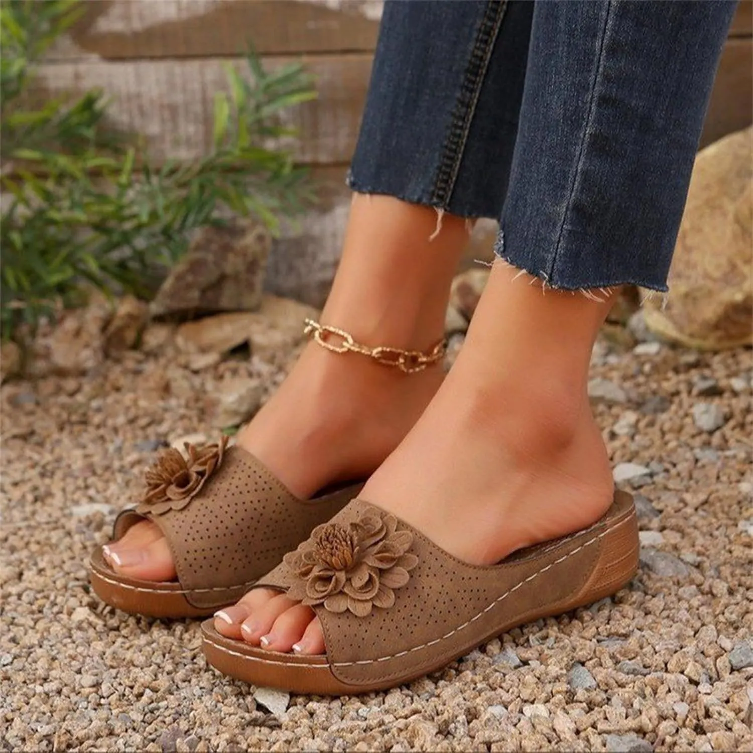 ZWRXW Orthopedic Sandals for Women,Arch Support Summer Beach Sandals,Fish Mouth Open Toe Leather Slippers,Chic Flowers Bohemian Flip Flops,Dressy Wedge Comfort Platform Sandal