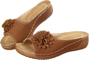 ZWRXW Orthopedic Sandals for Women,Arch Support Summer Beach Sandals,Fish Mouth Open Toe Leather Slippers,Chic Flowers Bohemian Flip Flops,Dressy Wedge Comfort Platform Sandal