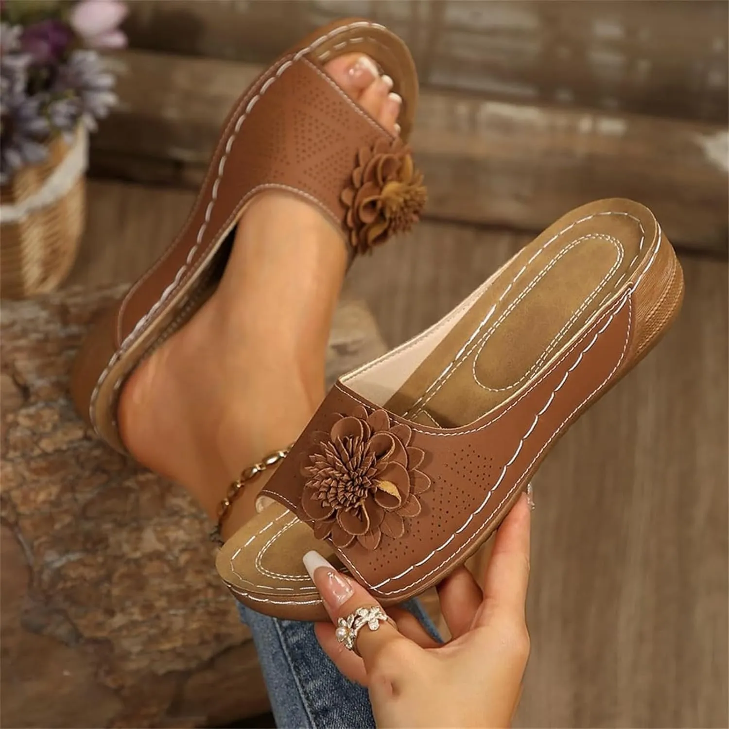ZWRXW Orthopedic Sandals for Women,Arch Support Summer Beach Sandals,Fish Mouth Open Toe Leather Slippers,Chic Flowers Bohemian Flip Flops,Dressy Wedge Comfort Platform Sandal